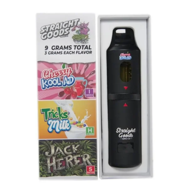 STRAIGHT GOODS TRIPLE CHAMBER VAPE – CHERRY KOOL AID + JACK HERER + TRICKS MILK (9 GRAM )