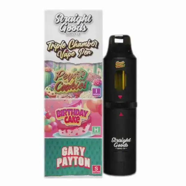 STRAIGHT GOODS TRIPLE CHAMBER VAPE – PEYOTE COOKIES + BIRTHDAY CAKE + GARY PAYTON (9 GRAM)