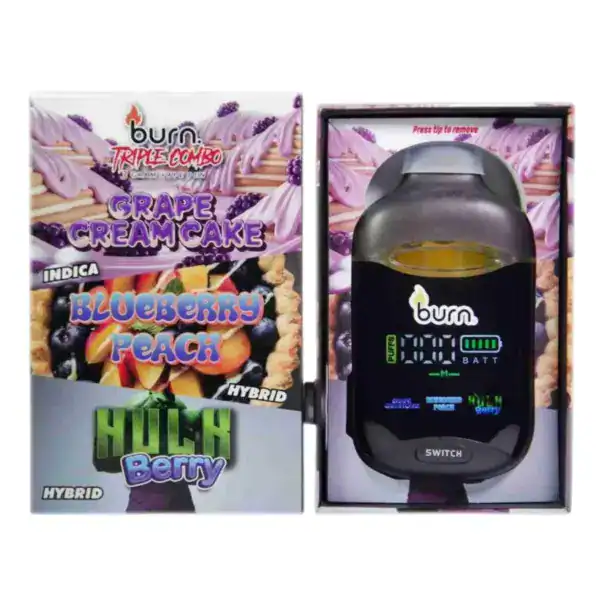 BURN TRIPLE CHAMBER VAPE - GRAPE CREAM CAKE + BLUEBERRY PEACH + HULK BERRY (3 GRAM)