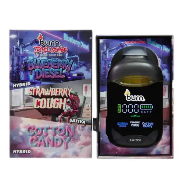 BURN TRIPLE CHAMBER VAPE - BLUEBERRY DIESEL + STRAWBERRY COUGH + COTTON CANDY (3 GRAM)